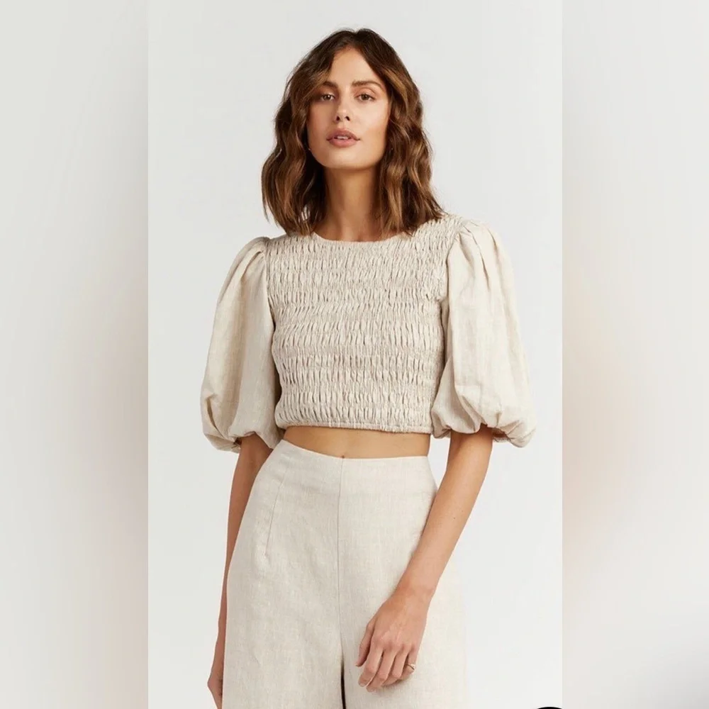 DISSH Frankie Natural Linen Shirred Crop Top Puff Sleeves Size 2 - Picture 1 of 7